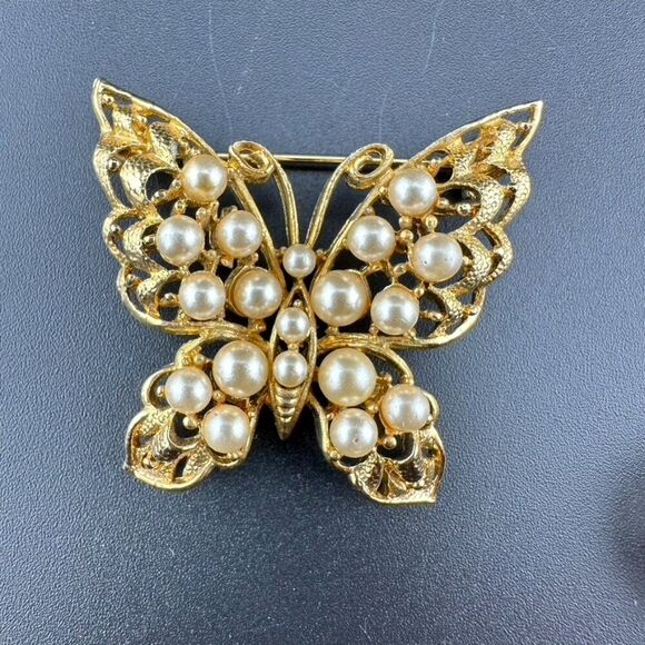 Vintage Butterfly Brooch Lot - Gold silver tone faux pearl rhinestone - Picture 3 of 6